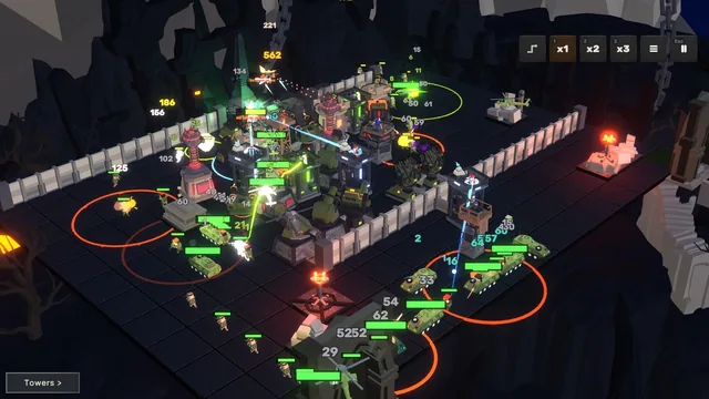 A late Survival wave against a fortress of upgraded towers