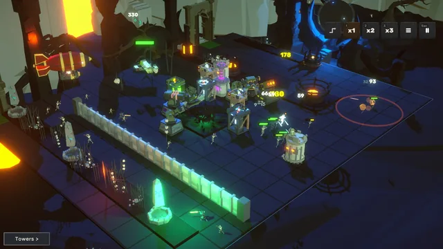 Mixed tower families firing on a column of raiders