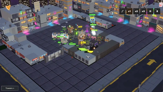 Anti-air towers engaging helicopters over the city